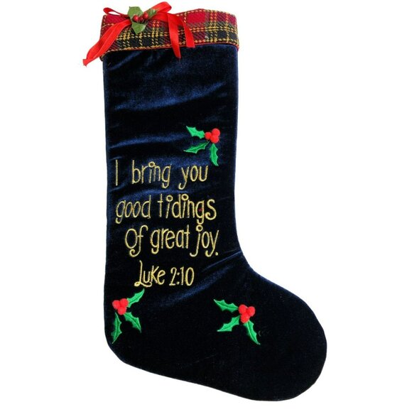 Christmas Stocking Velvety Embroidered I Bring You Good Tidings Navy Plaid Trim - Picture 1 of 4